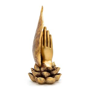 Vista de perfil de la Figura Namasté Dorada con hoja de Bodhi y flor de loto
