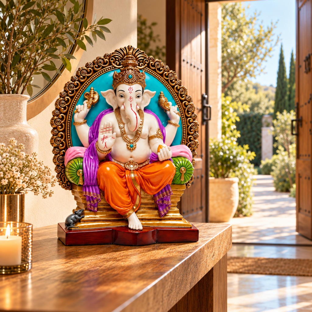 Ganesha en el Trono cerca de la entrada del hogar como símbolo de protección y apertura de caminos