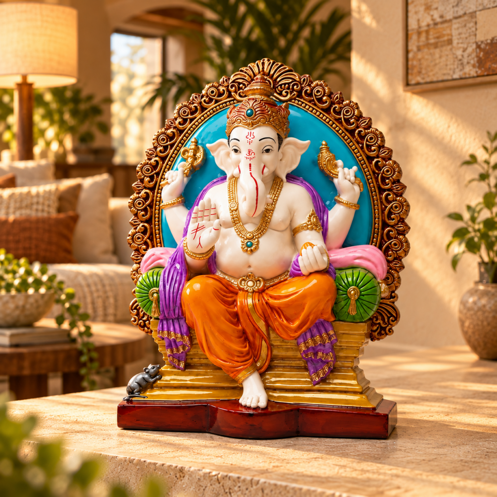 Ganesha en el Trono integrado en un espacio espiritual del hogar con luz cálida
