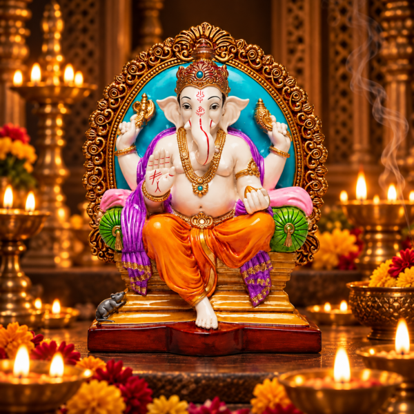 Ganesha en el Trono de 28 cm, figura espiritual símbolo de prosperidad, sabiduría y nuevos comienzos