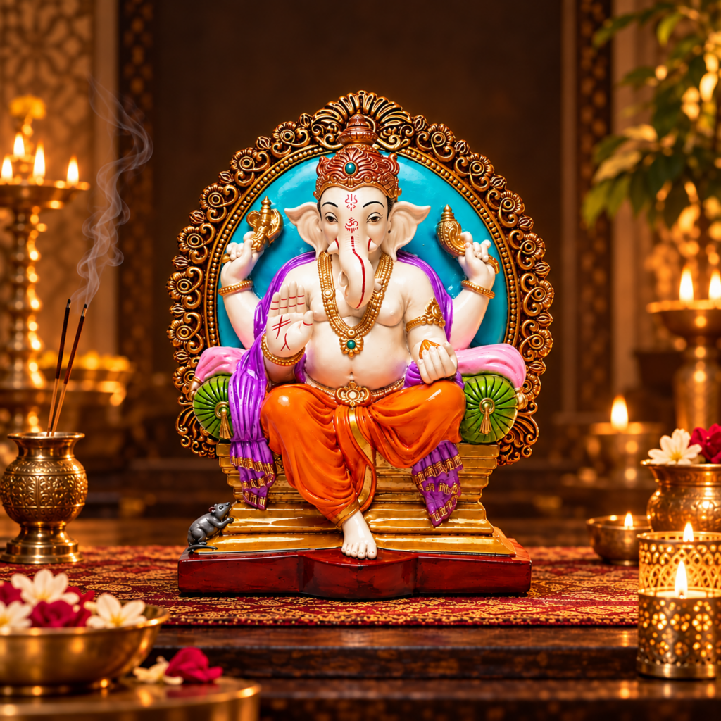 Figura Ganesha en el Trono en ambiente espiritual dorado asociado a prosperidad y apertura de caminos