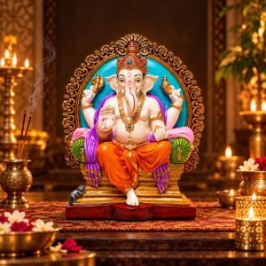 Figura Ganesha en el Trono en ambiente espiritual dorado asociado a prosperidad y apertura de caminos
