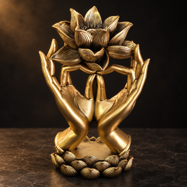 Manos del Loto Dorado de frente, figura decorativa de polirresina con flor de loto