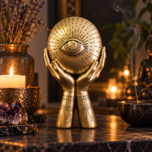 Ojo que Todo lo Ve Dorado en altar místico, figura decorativa dorada de polirresina