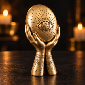 Ojo que Todo lo Ve Dorado en ambiente de velas, decoración esotérica de protección