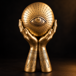 Detalle del Ojo que Todo lo Ve Dorado sostenido por manos, símbolo de visión interior