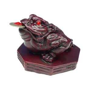 Rana Roja de la Prosperidad Feng Shui con moneda, símbolo de abundancia y buena fortuna.